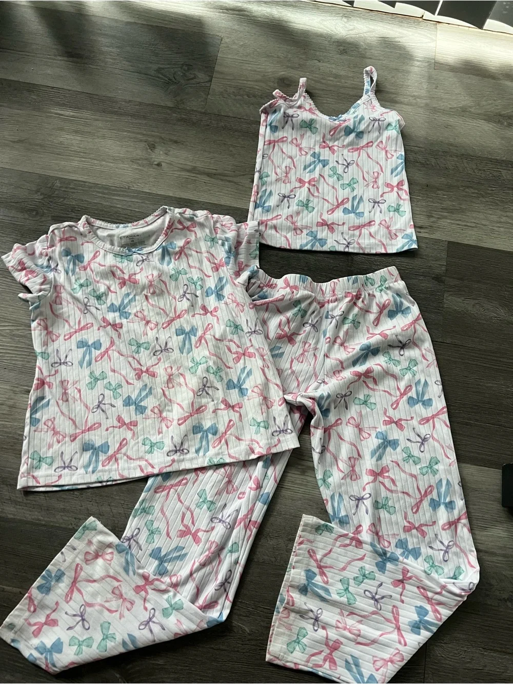 Tahari White Pajama Set with Pink, Blue & Mint Bow Print